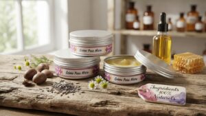 Crème visage artisanale Label Naturelle pour peaux mixtes, en pot aluminium sur fond de bois