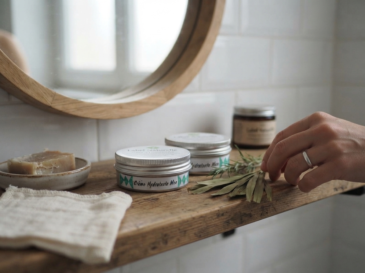 Produits de soins naturels Label Naturelle dans une salle de bain lumineuse, incluant la crème hydratante en pot en aluminium sur un support en bois