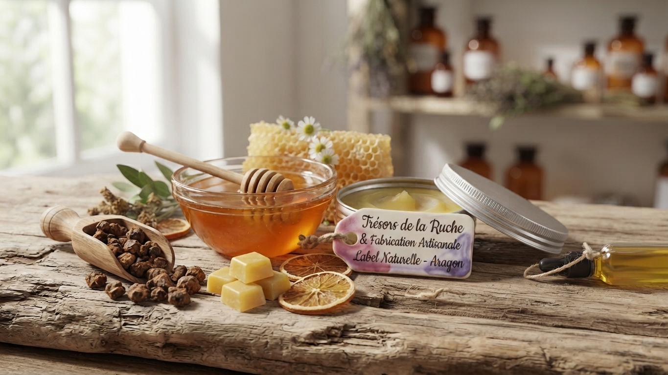 Miel, propolis et cire d'abeille brute avec un pot de cosmétique artisanal Label Naturelle sur une table en bois rustique en Aragon.