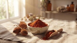 Gros plan sur de la poudre d'Urucum rouge cuivré dans un bol en céramique artisanal avec ses gousses séchées et une cuillère en bois, sur un tissu en lin.
